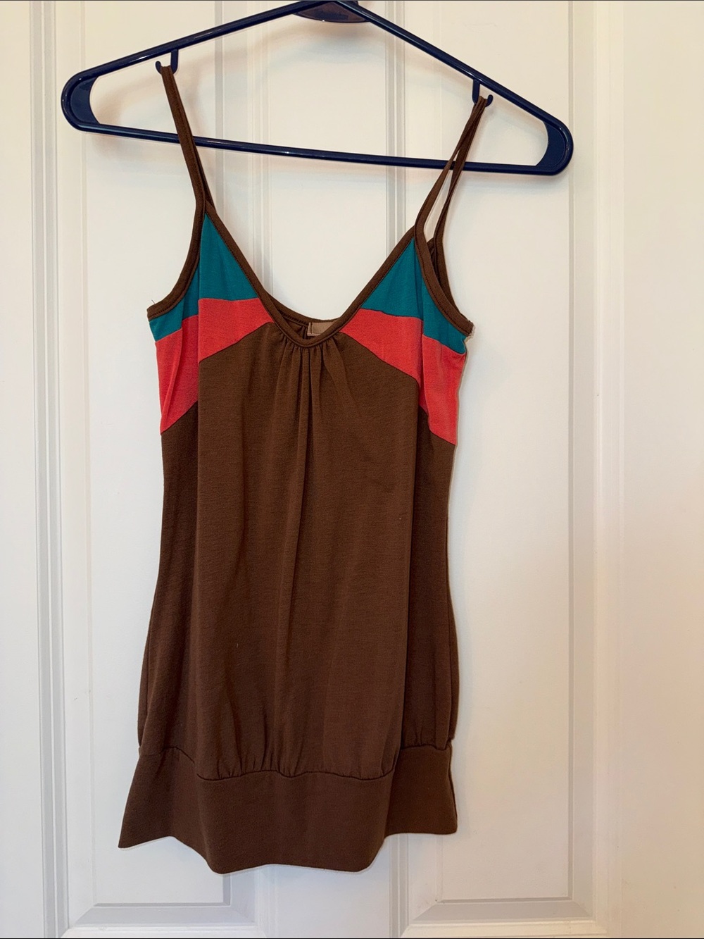 3/$15 Brown Spaghetti-Strap Tank top with Teal and Coral Accents